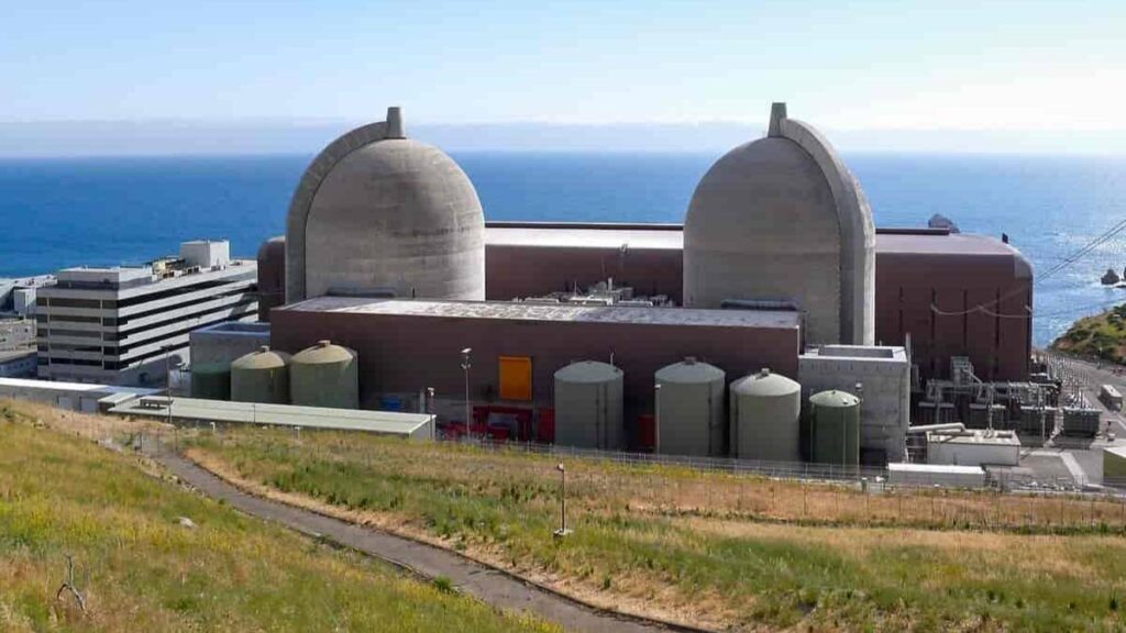 A close landscape shot of the two nuclear reactor buildings