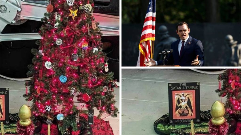 A Collage of the Satanic Tree and Congressman Mike Gallagher