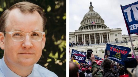 A collage of a portrait of Philip Bump and a photo of rioters at the Capitol