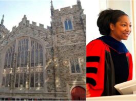 A collage of the Abyssinian Baptist Church in Harlem, New York, and Professor Eboni Marshall Turman; Turman has sued the Black megachurch for gender discrimination 