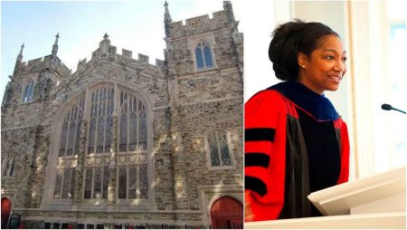 A collage of the Abyssinian Baptist Church in Harlem, New York, and Professor Eboni Marshall Turman; Turman has sued the Black megachurch for gender discrimination 