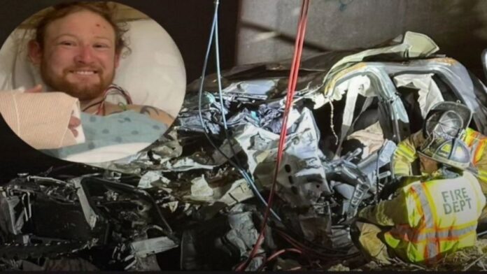 A mixed picture of a rescued man and the debris.