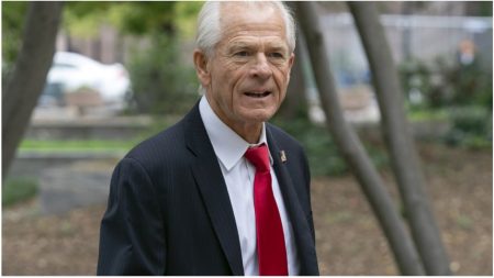 Peter Navarro on August 23, 2023, arriving at the Washington E. Barrett Pettyman U.S. Federal Court House to defend his contempt of Congress charges.