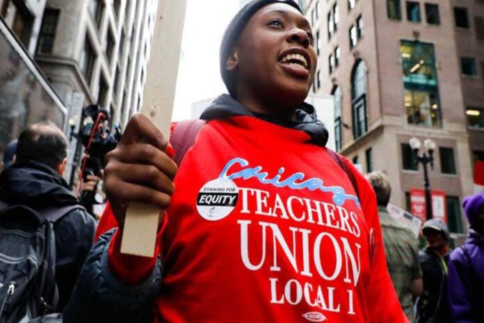 A picture of a teacher union protester