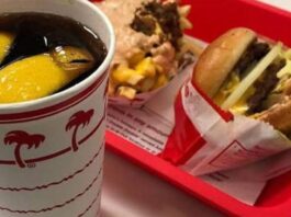 In-N-Out Burger and chips, with Diet Coke on the side