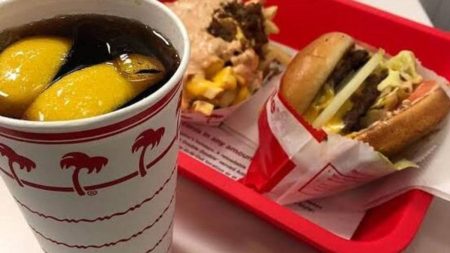 In-N-Out Burger and chips, with Diet Coke on the side