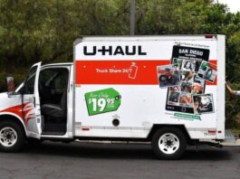 A parked U-Haul truck.