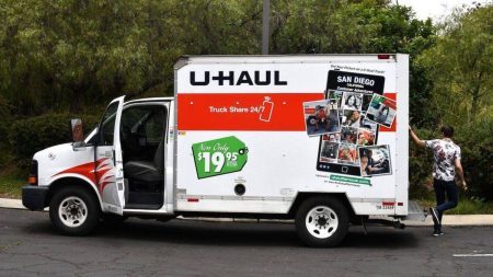 A parked U-Haul truck.