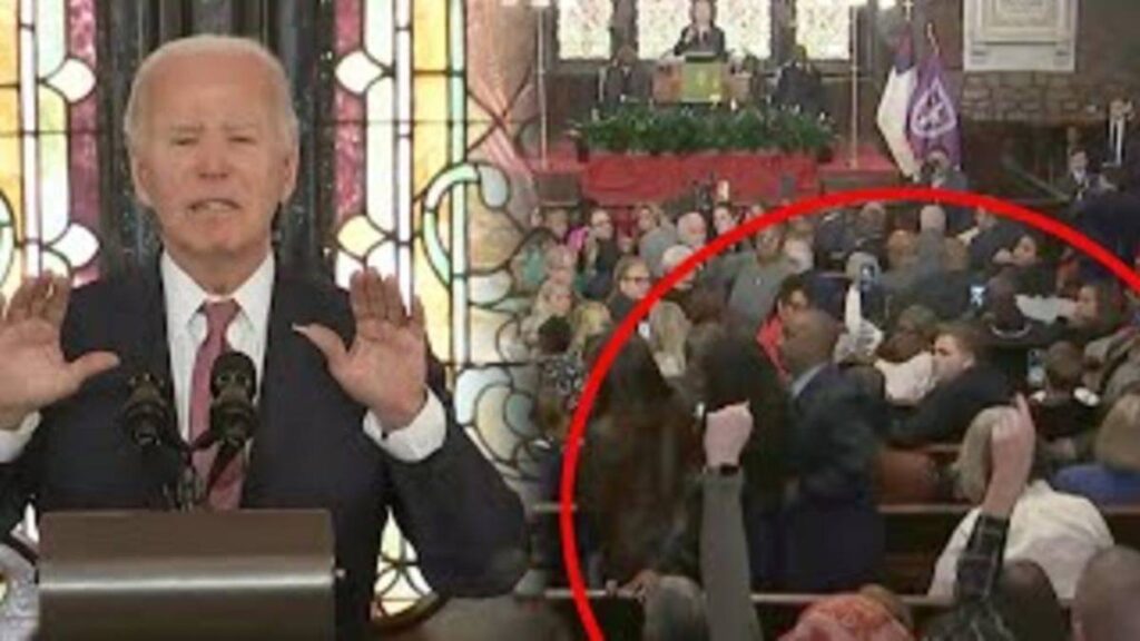 A collage of President Biden trying to calm hecklers who interrupted his speech