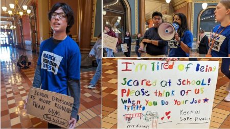 Iowa students and gun safety advocates at a protest held in the Capitol Rotunda to oppose a gun bill that would allow firearms in vehicles on school premises in April 2023