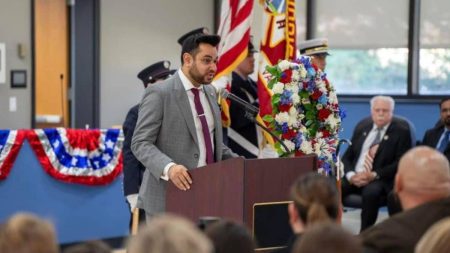 Mayor Sam Joshi speaking at a Veterans Day event in 2023.