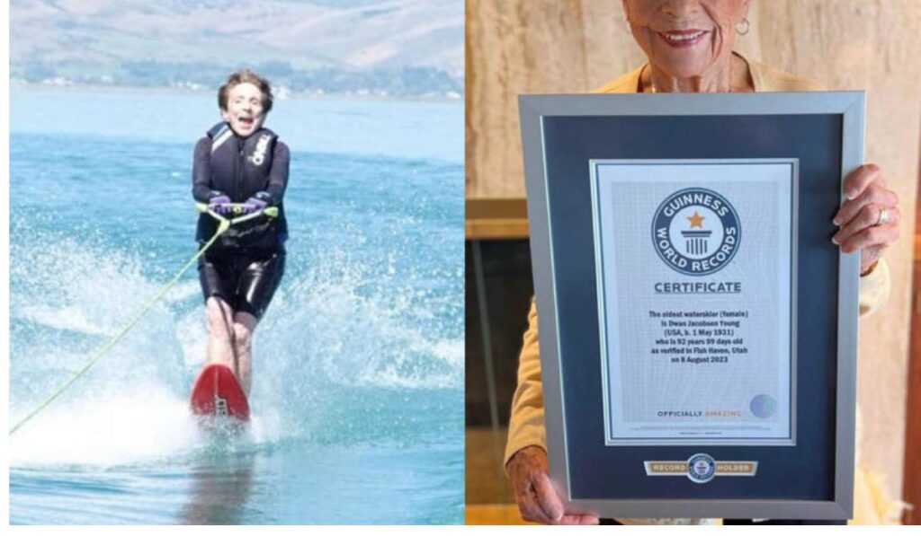 Dwan Young skiing and holding her framed record 