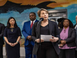 Governor Maura Healey gives an update to the news media regarding transitioning the Melena Cass Recreation Complex into a shelter for the homeless migrants staying at Logan Airport.