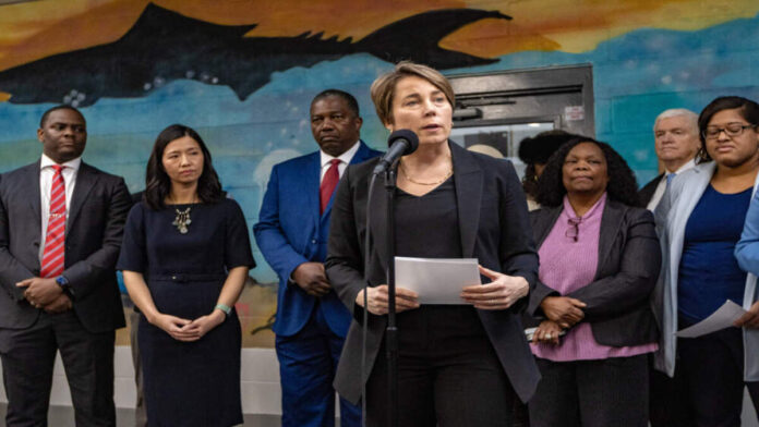 Governor Maura Healey gives an update to the news media regarding transitioning the Melena Cass Recreation Complex into a shelter for the homeless migrants staying at Logan Airport.