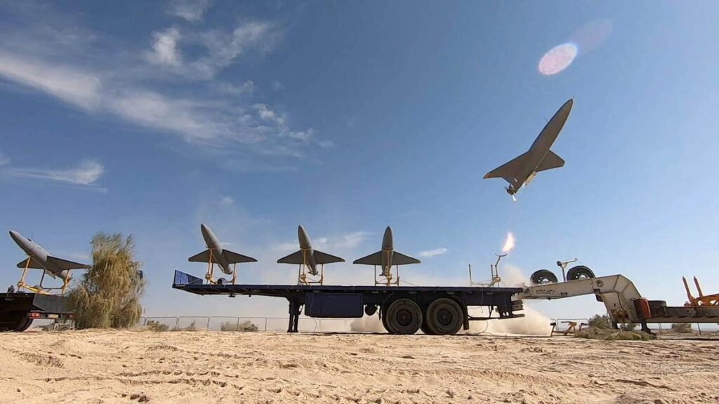 A drone is launched during a military exercise in an undisclosed location in Iran.