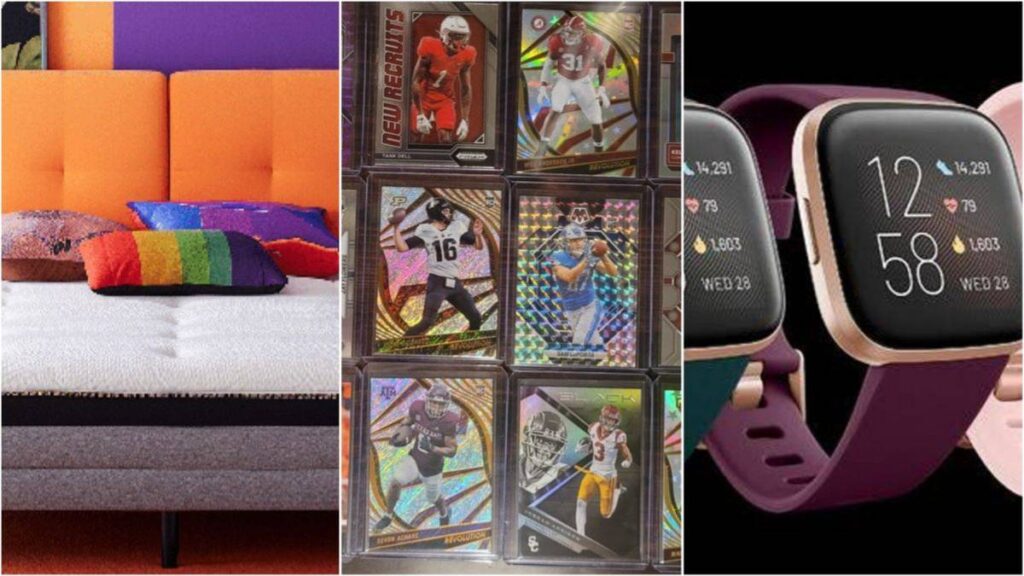 A Collage of a Mattress, Football Cards, and Fitbits