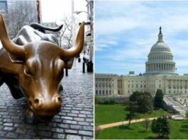 Collage of Charging Bull Sculpture and Capitol Building