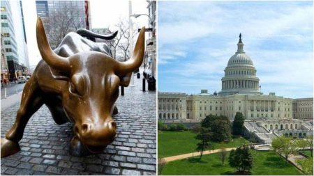 Collage of Charging Bull Sculpture and Capitol Building