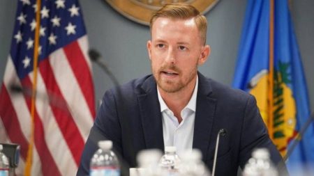 Oklahoma Superintendent of Public Instruction Ryan Walters speaks during a special state Board of Education meeting on April 12, 2023, in Oklahoma City.