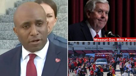 A Collage of Kansas City Mayor, Missouri Governor and Scene of the Kansas Chiefs Parade Shooting