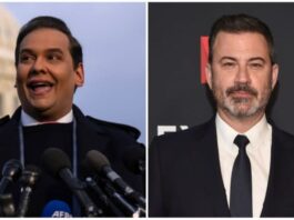 A collage of George Santos and Jimmy Kimmel