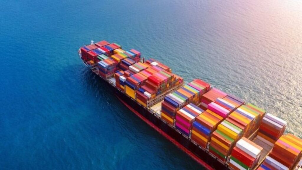 An aerial view of a full container ship.