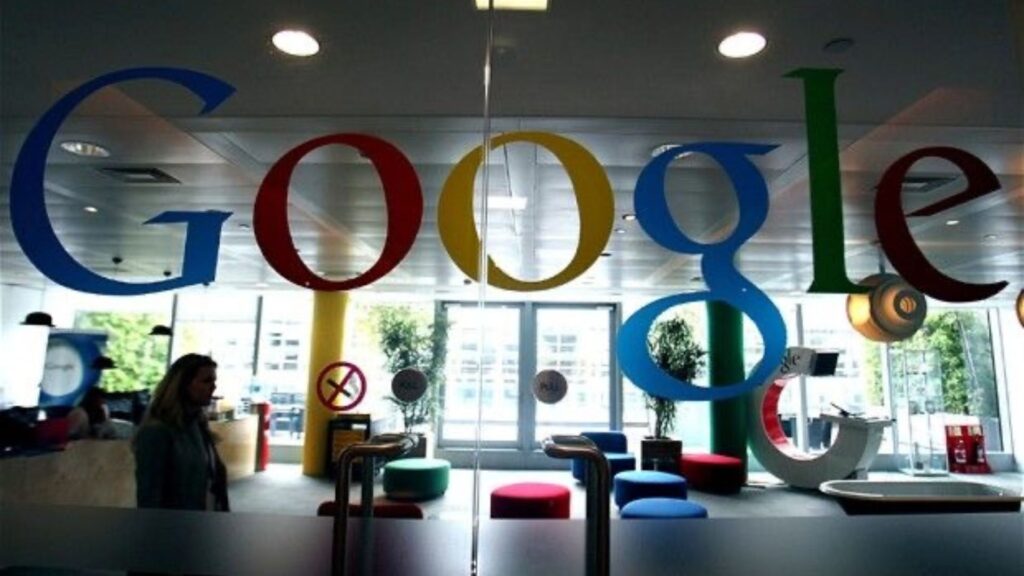 Google logo on glass doors of an office.