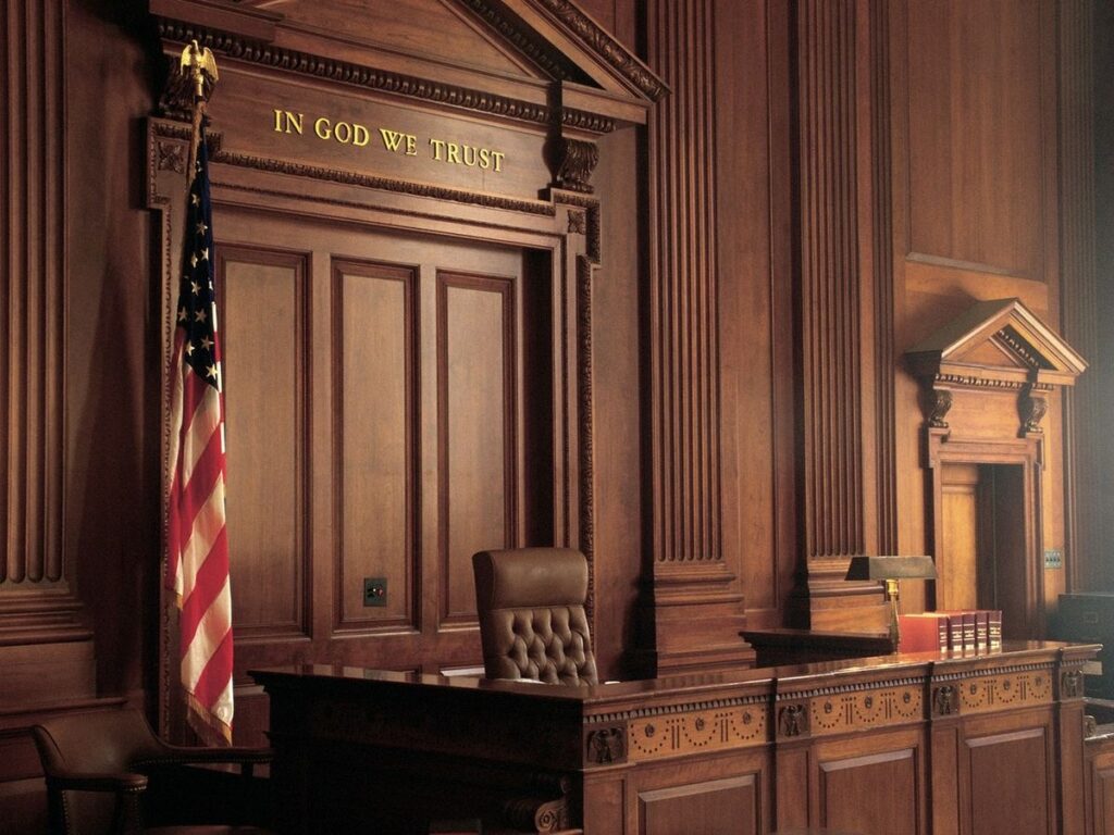 An inside view of an empty courtroom.