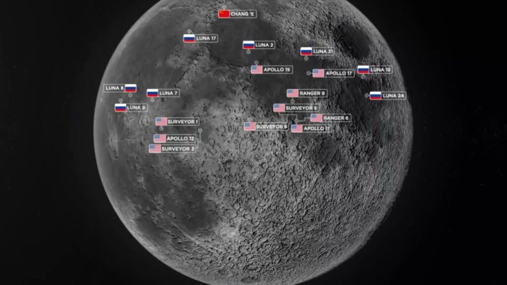 Various sites where previous Moon landings have occured