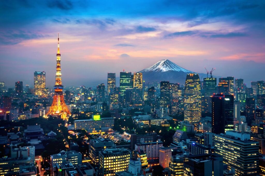 A landscape view of Tokyo with Mount Fuji in the background
