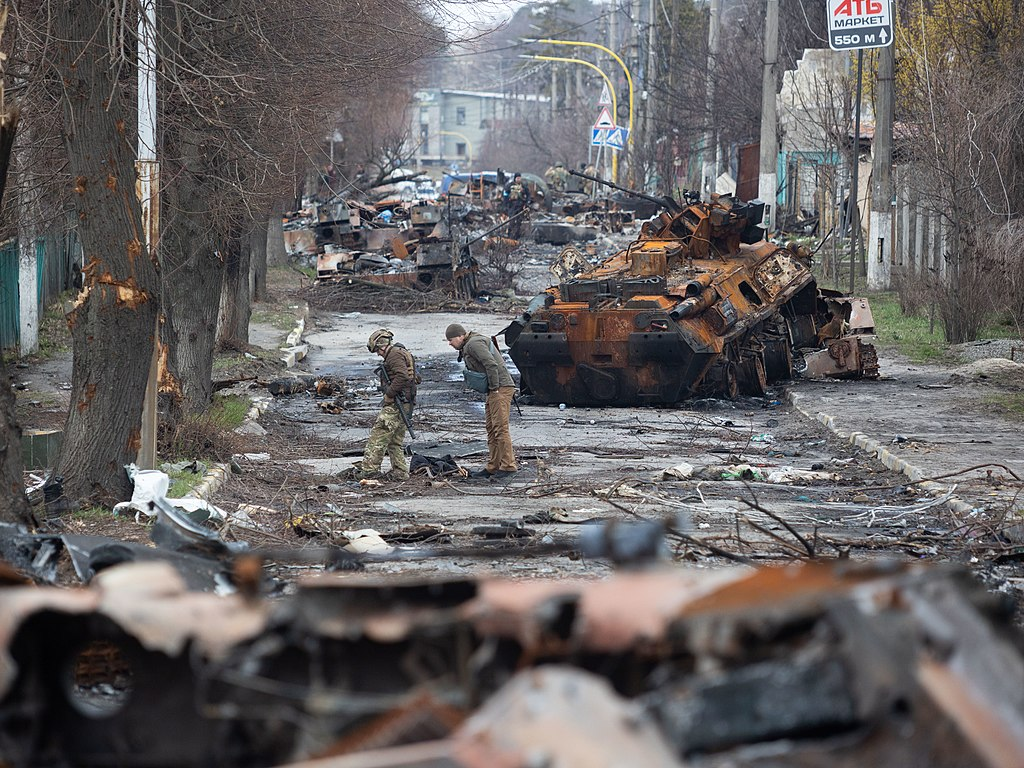 Wreckage of military tanks on the street of Ukraine