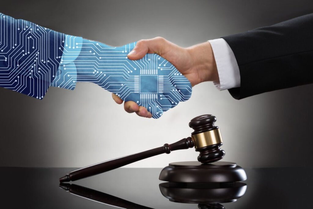 A digital illustrated hand in a handshake with another person’s hand, with a gavel resting.