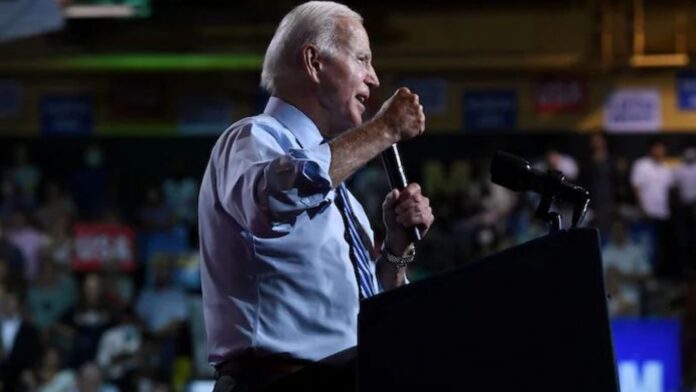 President Joe Biden speaking at an event.