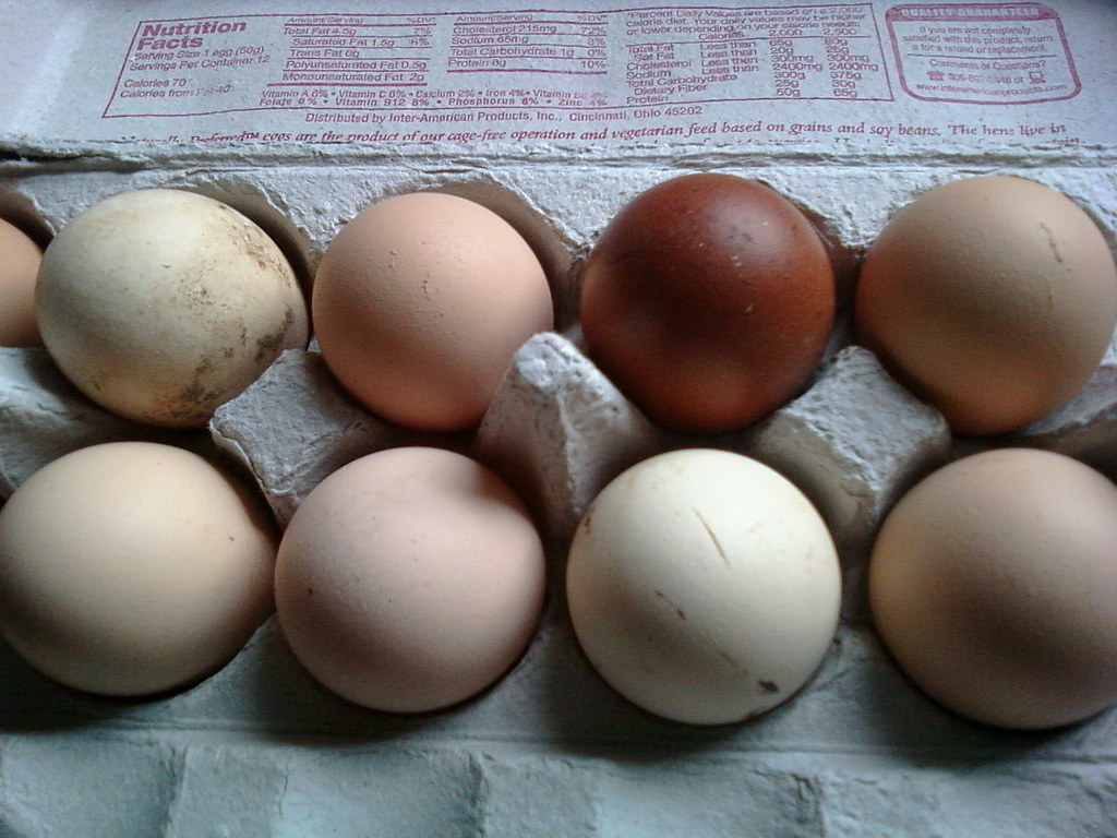 Various colours of egg shells in a crate
