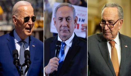 A picture of Chuck Schumer, Joe Biden, who Israeli locals blasted