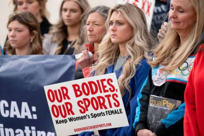 A picture of female athletes protesting transgender athletes participation