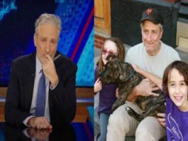 A picture of Jon Stewart with his kids and dog