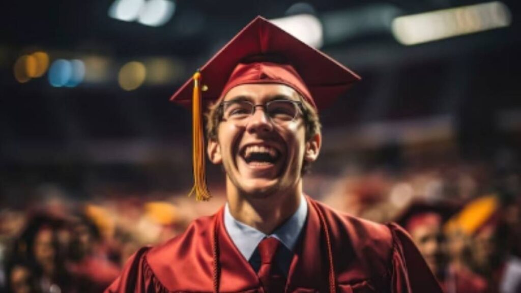 A graduating student in ceremonial gown