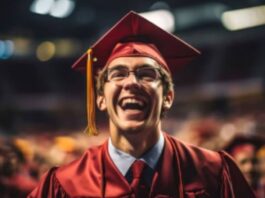 A graduating student in ceremonial gown