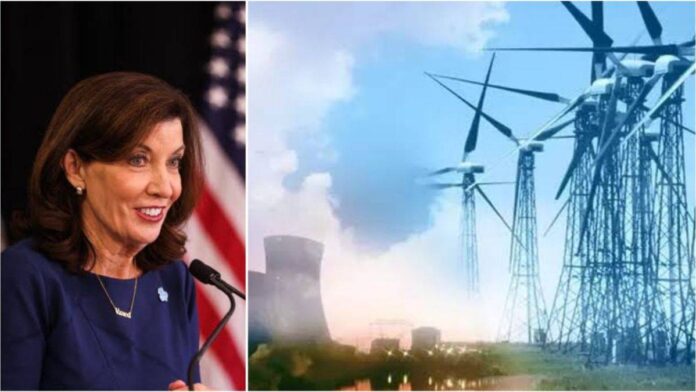 A Collage of New York Governor Kathy Hochul and Coal and Wind Power Plants