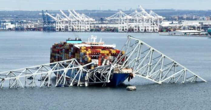 A view of the Dali cargo vessel which crashed into the Francis Scott Key Bridge causing it to collapse in Baltimore, Maryland, U.S.