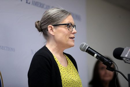 A picture of governor Katie Hobbs speaking with attendees at the grand opening of Homebase hosted by Native American Connections in Surprise, Arizona.