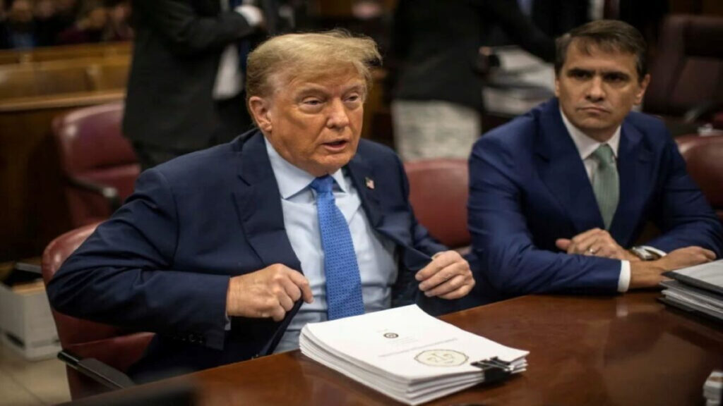 Former President Donald Trump sits in the courtroom during his hush money trial at Manhattan criminal court, Apr. 26, 2024, in New York City