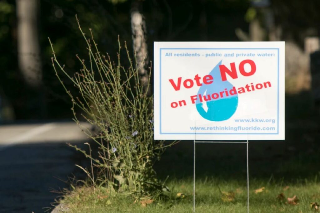 A placard that reads "Vote No on Fluoridation"