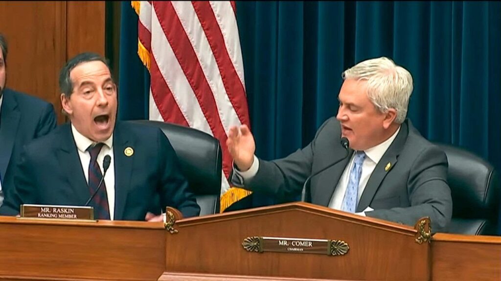 A picture of Jamie Raskin and James Comer arguing at the hearing over Biden Impeachment