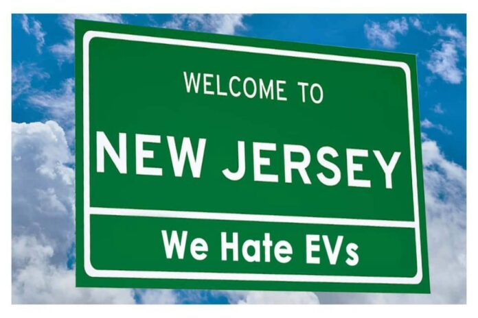 A picture of a signpost mocking the New Jersey EV tax