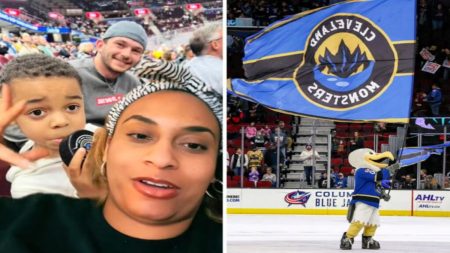 Nasir Davis and his mother, Asia Davis, with Andrew Podolak in the background; a Cleveland Monsters game.