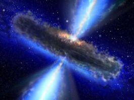 This artist's concept illustrates a quasar, or feeding black hole, similar to APM 08279+5255, where astronomers discovered huge amounts of water vapor. Gas and dust likely form a torus around the central black hole, with clouds of charged gas above and below.