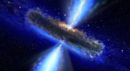 This artist's concept illustrates a quasar, or feeding black hole, similar to APM 08279+5255, where astronomers discovered huge amounts of water vapor. Gas and dust likely form a torus around the central black hole, with clouds of charged gas above and below.