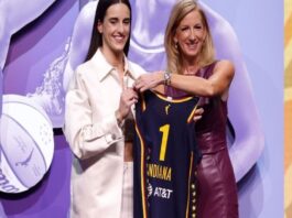 A picture of Caitlin Clark with WNBA commissioner Cathy Engelbert